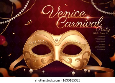 Exquisite Venice carnival design with gold mask and confetti on burgundy red background in 3d illustration