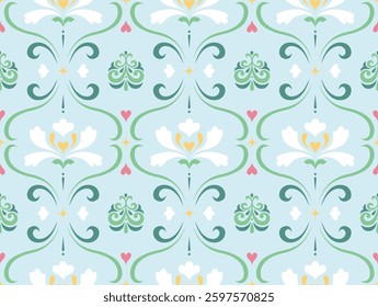 Exquisite Victorian Style repeating flower and bergamot pattern design featuring subtle colors, smooth lines, and elegant details. 