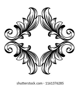 Exquisite Vintage baroque frame scroll ornament engraving border floral retro pattern antique style acanthus foliage swirl decorative design element filigree calligraphy.