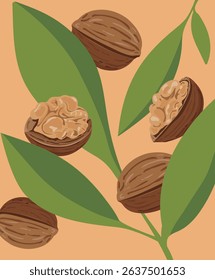 Exquisite Walnut and Lush Green Leaves   Nature’s Elegant Bounty