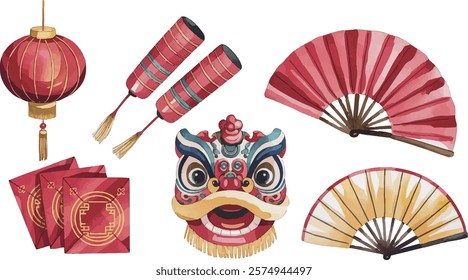 Exquisite Watercolor Illustration of Traditional Chinese New Year Elements Including Red Lanterns, Firecrackers, Red Envelopes, Lion Dance Mask, and Ornate Fans on a White Background