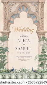 Exquisite wedding invitation design with oriental arch, floral foliage, and elegant peacocks. Ideal for luxury ceremonies, multicultural weddings, or vintage-inspired celebration stationery, Madina.