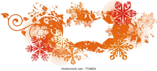 Exquisita serie de fondo invernal con copos de nieve y detalles ornamentales, ilustración vectorial.