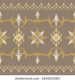 Exquisitely Charming Traditional Motif Scroll Ornament Royal Old Money Style Seamless Border Pattern. Renaissance And Ethnic Combine with White Gold on Brown Background For Decoration Embroidery Scarf
