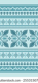 Patrón de elegancia exquisitamente clásico. Brillantes flores en azul dulce con borde geométrico delicado se combinan con flor de lis scroll adornado para la rica decoración de la opulencia. Vector de frontera sin costuras de lujo. 