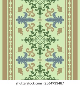 Exquisitely Delicate Royal Elegance Gold Silk Weaves Decoration With Blue and Green Scroll Ornament on Sweet Green Pastel Background Pattern. Opulence Rich Seamless Border Geometric and Florals Design