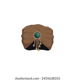 An exquisitely designed turban in earthy brown tones is embellished with a central emerald gem and golden tassel details, presented in a luxurious vector illustration.