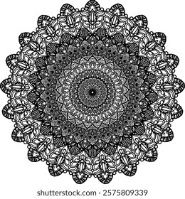 Exquisitely detailed black and white mandala artwork featuring intricate floral, paisley, and geometric patterns. Ideal for coloring books, meditation visuals, wall art, stationery, or digital project