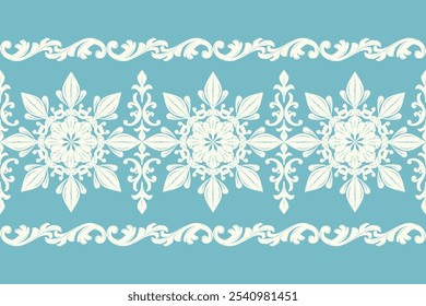 Exquisitely Detailed Florals Border Pattern with Luxury Ornament Design. Off White Embroidery On Teal Blue Background. Blooming Buds Opulence Seamless Vector. Beautiful Scroll Work For Haute Couture.