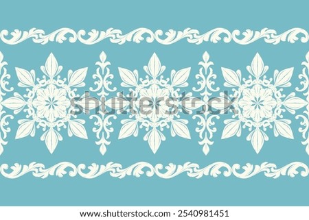 Exquisitely Detailed Florals Border Pattern with Luxury Ornament Design. Off White Embroidery On Teal Blue Background. Blooming Buds Opulence Seamless Vector. Beautiful Scroll Work For Haute Couture.