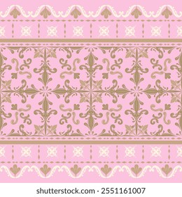 Exquisitamente detallado de oro y bordado beige sobre fondo rosa. Patrón de diseño de borde rico dulce de lujo con filigrana de flor de lis prominente. Elaborado Vector sin costuras para la alta costura Decorar