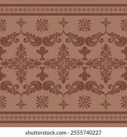 Exquisitely Detailed Mocha Mousse Embroidery Hand Draw on Cocoa Brown Background. Gentle Warm mood and tone Luxury Elaborate Border Pattern Design. Royal Haute Couture Scroll Ornate Seamless Vector.