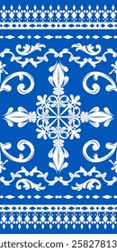 Exquisitely High Class White and Royal Blue Brocade Embroidery Silk Weaves Traditional Rococo Design Border Seamless Pattern. Haute Couture Scroll Ornate Geometric Decoration for Luxury Cotton Curtain