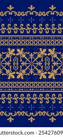 Exquisitely Royal Blues Background Gold Silk Hand Weaves Embroidery Border Seamless Pattern Vector. Haute Couture Fleur de lis Luxury for Opulence Design. Delicate Indonesian Art Hand Craft for Fabric