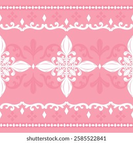 Exquisitely Whitework Seamless Border Pattern on Sweet Pink Background. Gorgeous Handicraft illustration Silk Weaves Embroidery. Traditional Medieval Luxury with Ornament for Rich and Classy Victorian