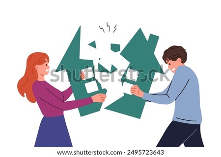 Ex-spouses divide property during divorce, breaking house in half and destroying jointly acquired capital. Difficult divorce for married couple, due to betrayal of one of partners or instability