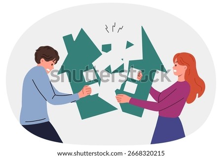 Ex-spouses divide property during divorce, breaking house in half and destroying jointly acquired capital. Difficult divorce for married couple, due to betrayal of one of partners or instability