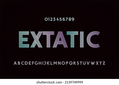 Extatic Hand Crafted Sans Serif Style Font Lettering - Five Stripes Retro Pop Style Grotesque Caps and Numerals on Black Background - Vector Typography Graphic Design