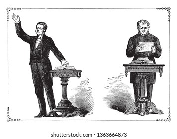 An extemporaneous speaker on the left and a speaker confined to a manuscript on the right, vintage line drawing or engraving illustration svg