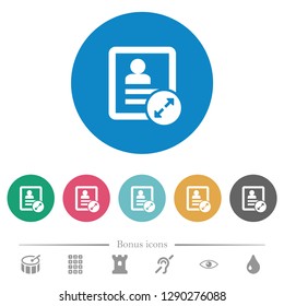 Extend contact flat white icons on round color backgrounds. 6 bonus icons included.