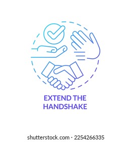 Extend handshake blue gradient concept icon. Keep hands clean. Common business event etiquette rule abstract idea thin line illustration. Isolated outline drawing. Myriad Pro-Bold font used