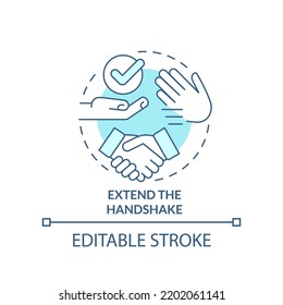 Extend handshake turquoise concept icon. Common business event etiquette rule abstract idea thin line illustration. Isolated outline drawing. Editable stroke. Arial, Myriad Pro-Bold fonts used