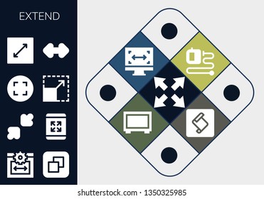 extend icon set. 13 filled extend icons.  Collection Of - Maximize, Web size, Size, Resize, Extending leads, Big screen, Extend script toolkit