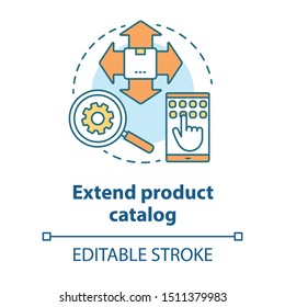 Extend product catalog concept icon. Online business idea thin line illustration. Dropshipping service. Increasing product page selection. Vector isolated outline drawing. Editable stroke