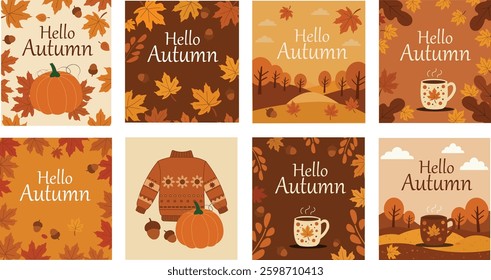 Extend your autumn greetings with this second delightful set of "Hello Autumn" vector card designs.  This collection features eight additional cozy and inviting card templates