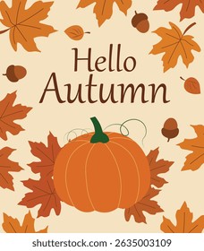 Extend your autumn greetings with this delightful set of "Hello Autumn" vector card designs.   designs showcase charming elements like pumpkins, falling leaves, steaming mugs, and cozy sweaters