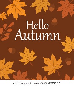 Extend your autumn greetings with this delightful set of "Hello Autumn" vector card designs.   designs showcase charming elements like pumpkins, falling leaves, steaming mugs, and cozy sweaters