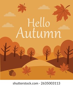 Extend your autumn greetings with this delightful set of "Hello Autumn" vector card designs.   designs showcase charming elements like pumpkins, falling leaves, steaming mugs, and cozy sweaters