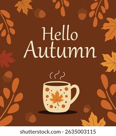 Extend your autumn greetings with this delightful set of "Hello Autumn" vector card designs.   designs showcase charming elements like pumpkins, falling leaves, steaming mugs, and cozy sweaters