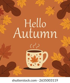 Extend your autumn greetings with this delightful set of "Hello Autumn" vector card designs.   designs showcase charming elements like pumpkins, falling leaves, steaming mugs, and cozy sweaters