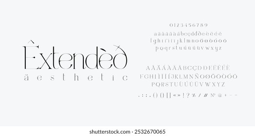 Alfabeto estético estendido. Letras Minúsculas e Maiúsculas incluídas. Sinais e algarismos. Alfabeto latino estendido. Logotipo elegante e alfabeto de moda. Lindo tipo de casamento.