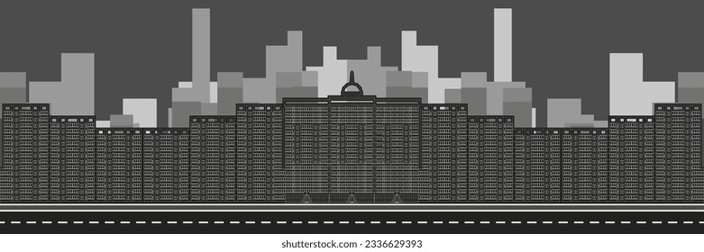 Extended architectural form. Compact buildings and high-rise dominants. Harmonious urban silhouette. Architectural ensemble. Impressive spatial organization. Various architectural objects alternation.