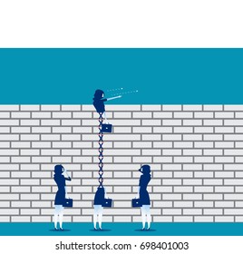 Extended business leader looking over brick wall. Concept business vector illustration.