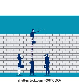 Extended business leader looking over brick wall. Concept business vector illustration.