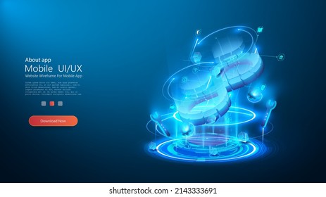 An extended devops concept illustrating devops tools in a futuristic blue circle. DevOps process banner. Development of an Internet application, online website service, landing page layout. Vector