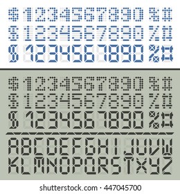 Extended digital font characters. Three number sets in two styles for time display. Latin alphabet included.