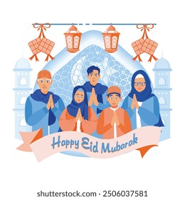 The extended family gathers and says Eid al-Fitr greetings. Diamond and lantern decorations. Happy Eid Mubarak concept. Flat vector illustration.