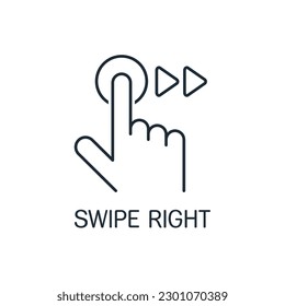 The extended finger of the hand  shift the button. Swipe right. Slide to right. Vector linear icon isolated on white background.