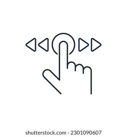 The extended finger of the hand  shift the button. Swipe left - right. Slide to left- right. Vector linear icon isolated on white background.