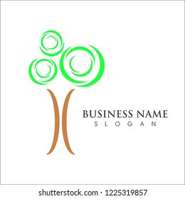 Extended graphic tree logo template with stylized leaves growing from center, vector illustration isolated on white background. Prolonged tree logotype with leaves, environment, nature concept