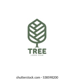 Extended graphic tree logo template with stylized leaves growing from center, vector illustration isolated on white background. Prolonged tree logotype with leaves, environment, nature, growth concept