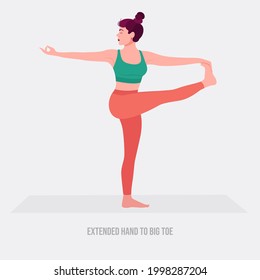 Extended Hand to Big Toe Yoga pose. Young woman practicing yoga  exercise. Woman workout fitness, aerobic and exercises. Vector Illustration.