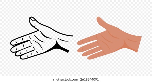 Extended Hand In Flat Style and Outline Hand Symbolizing Help. Vector Illustration. Hand Shake Greeting or Agreement Concept with Human Hand Gesture for Business Support and Communication Concept