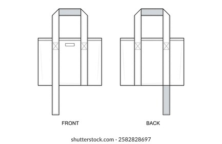 Extended Handle Tote Bag Technical Fashion Illustration. Spacious Shopper Bag Vector Template. Front and Back View. Reinforced Straps. Minimalist Everyday Tote. CAD Mockup.