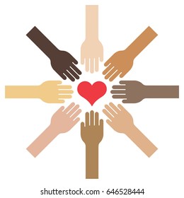 Extended hands with different skin tones towards a centered heart - Vector Digital Illustration