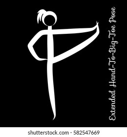 Extended Hand-To-Big-Toe Pose, Utthita Hasta Padangustasana. Yoga Position. Vector Silhouette Illustration. Vector graphic design or logo element for spa center, studio, poster. Yoga retreat. White